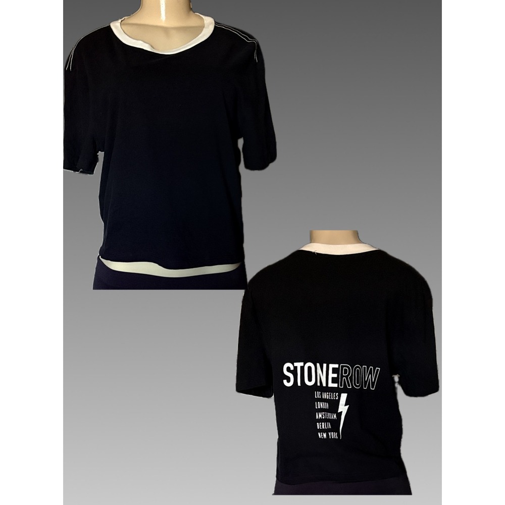 Stone Row Black Back Logo Graphic Lightning Bolt Ringer Crop Short Sleeve Tee M